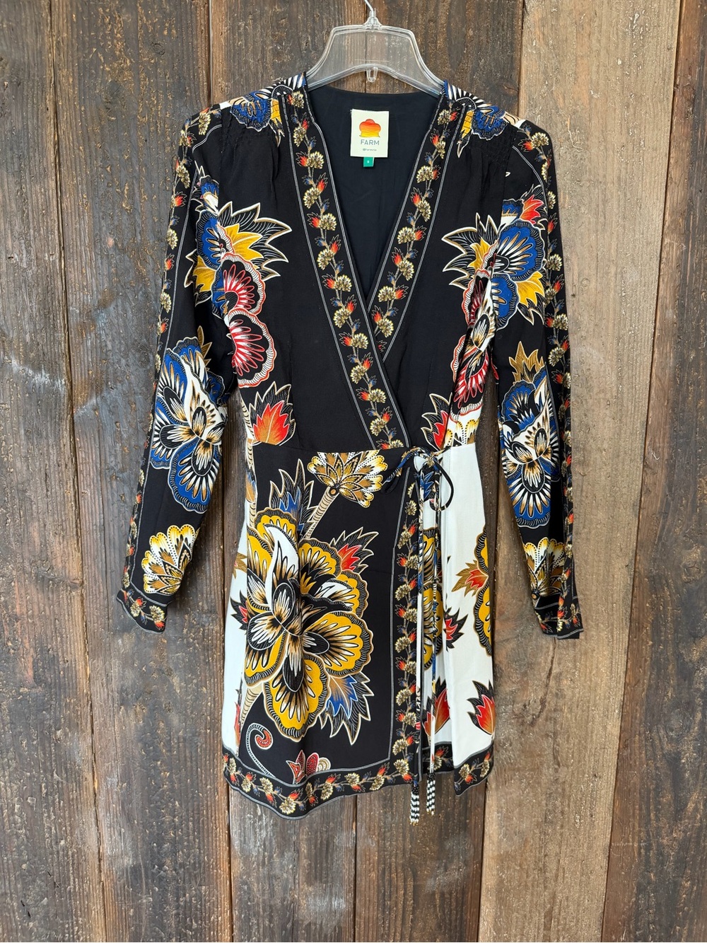 Farm Rio Black Maxi Floral Lenzing Ecovero Viscose Wrap Mini Dress Sz S - Picture 3 of 10